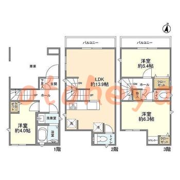 グランドピアノ可の賃貸物件 3 LDK 15.9万円の図面１