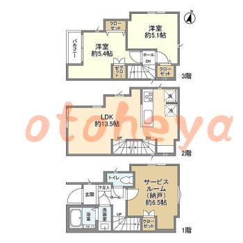 防音室のある楽器可 賃貸物件 2 SLDK 19.6万円の図面１