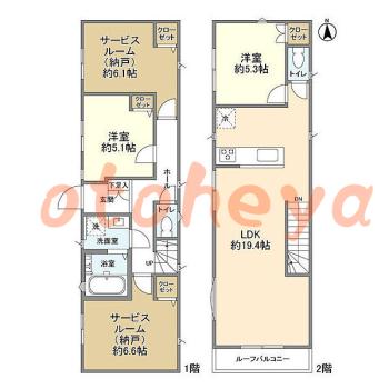 楽器可の賃貸物件 2 SLDK 34.4万円の図面１