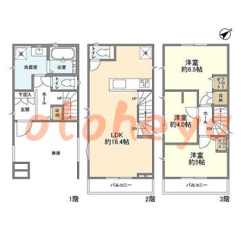グランドピアノ可の賃貸物件 3 LDK 15.3万円の図面１