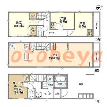 防音室のある楽器可 賃貸物件 3 SLDK 20.8万円の図面１