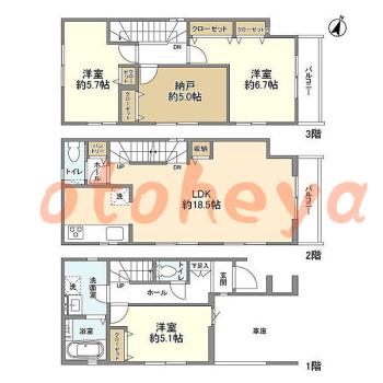 グランドピアノ可の賃貸物件 3SLDK 19万円の図面１