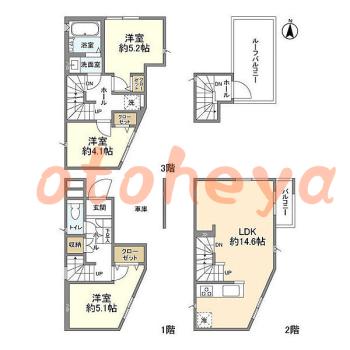 楽器可の賃貸物件 3 LDK 23.5万円の図面１