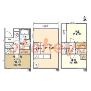 グランドピアノ可の賃貸物件 2SLDK 21.4万円の図面１