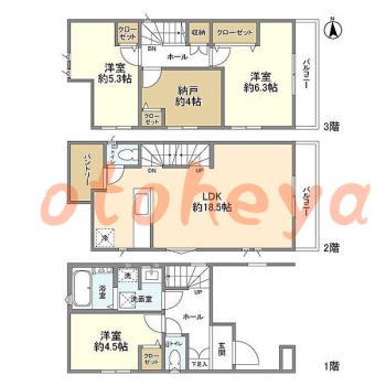 グランドピアノ可の賃貸物件 3 SLDK 19.2万円の図面１