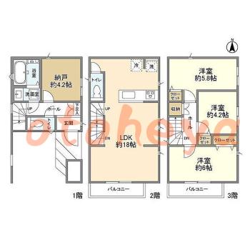 防音室のある楽器可 賃貸物件 3 SLDK 17.4万円の図面１