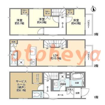 防音室のある楽器可 賃貸物件 3 SLDK 23.5万円の図面１