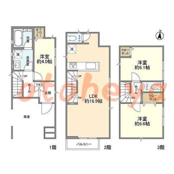 楽器可の賃貸物件 3 LDK 24.6万円の図面１