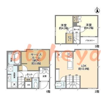 防音室のある楽器可 賃貸物件 2 SLDK 32.1万円の図面１