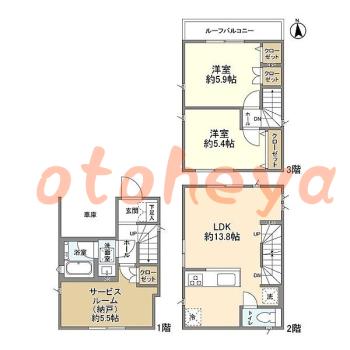 グランドピアノ可の賃貸物件 2 SLDK 22.1万円の図面１