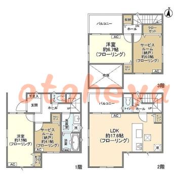 グランドピアノ可の賃貸物件 2 SLDK 23万円の図面１