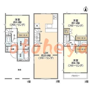 防音室のある楽器可 賃貸物件 3 LDK 34.5万円の図面１