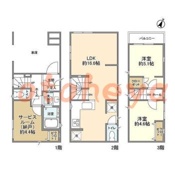 防音室のある楽器可 賃貸物件 2 SLDK 15.9万円の図面１