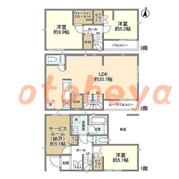 楽器可の賃貸物件 3 SLDK 26.3万円の図面１