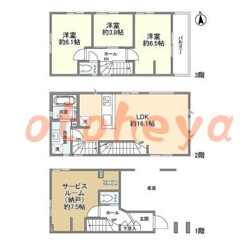 防音室のある楽器可 賃貸物件 3 SLDK 22.3万円の図面１