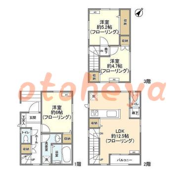 グランドピアノ可の賃貸物件 3 LDK 17万円の図面１