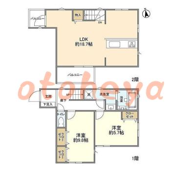 楽器可の賃貸物件 2 LDK 29万円の図面１