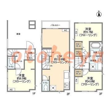 グランドピアノ可の賃貸物件 3 LDK 21.4万円の図面１
