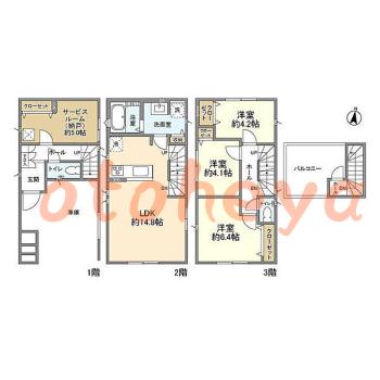 グランドピアノ可の賃貸物件 3 SLDK 23.4万円の図面１