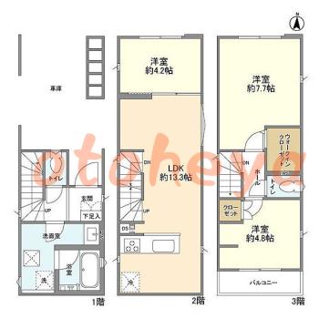 楽器可の賃貸物件 3 LDK 19万円の図面１