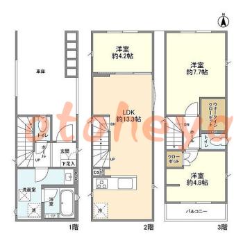 楽器可の賃貸物件 3 LDK 19万円の図面１