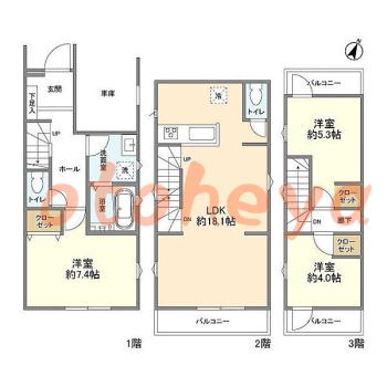 グランドピアノ可の賃貸物件 3 LDK 18.5万円の図面１