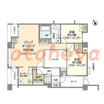 グランドピアノ可の賃貸物件 2 LDK 22万円の図面１