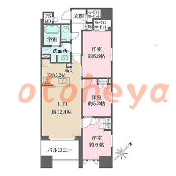 防音室のある楽器可 賃貸物件 3 LDK 46.5万円の図面１