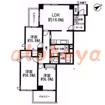 グランドピアノ可の賃貸物件 3 LDK 23.2万円の図面１