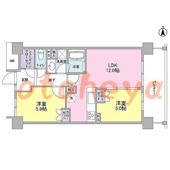 グランドピアノ可の賃貸物件 2 LDK 19.4万円の図面１