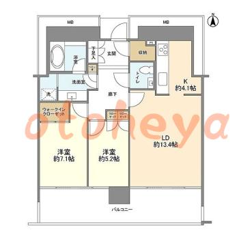 楽器可の賃貸物件 2 LDK 28万円の図面１