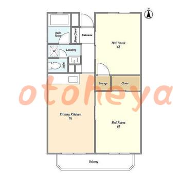 楽器可の賃貸物件 2 DK 6.4万円の図面１