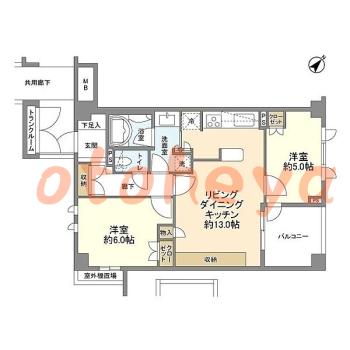 防音室のある楽器可 賃貸物件 2 LDK 17.5万円の図面１