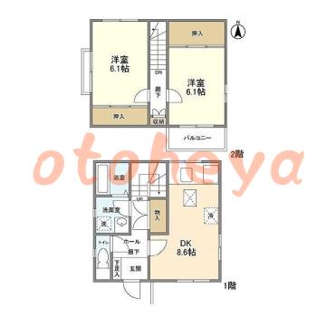 楽器可の賃貸物件 2 DK 8.5万円の図面１
