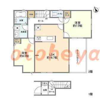 楽器可の賃貸物件 2 LDK 18.5万円の図面１