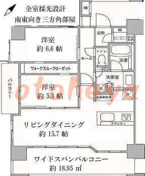 楽器可の賃貸物件 2 LDK 19.5万円の図面１