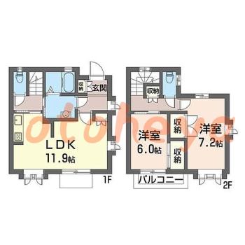 楽器可の賃貸物件 2 LDK 14万円の図面１