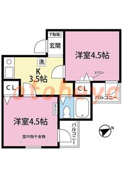 楽器可の賃貸物件 2 K 5.2万円の図面１