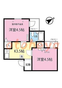 楽器可の賃貸物件 2 K 5.2万円の図面１