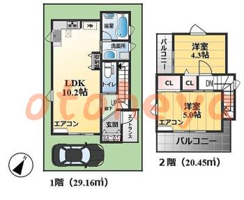 楽器可の賃貸物件 2 LDK 12.3万円の図面１