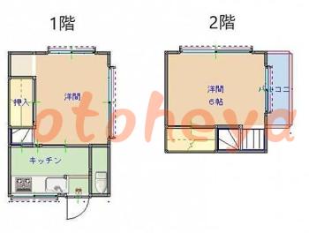 楽器可の賃貸物件 2 DK 3.95万円の図面１