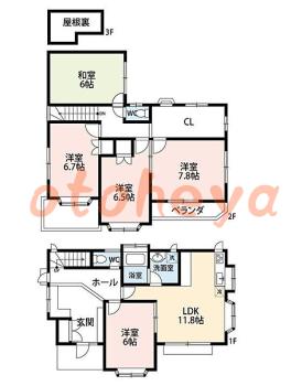 防音室のある楽器可 賃貸物件 5 LDK 28万円の図面１