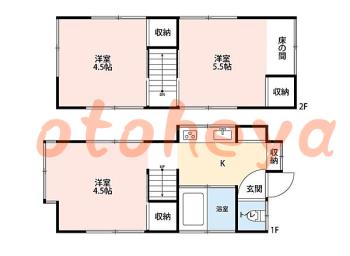 楽器可の賃貸物件 2 LDK 13.4万円の図面１