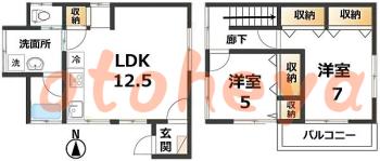 楽器可の賃貸物件 2 LDK 15.4万円の図面１