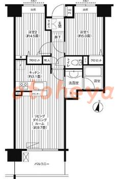 楽器可の賃貸物件 2 LDK 15.8万円の図面１