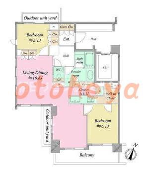 楽器可の賃貸物件 2 LDK 26.5万円の図面１