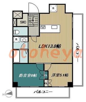 防音室のある楽器可 賃貸物件 2 LDK 16.8万円の図面１