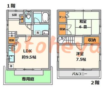 グランドピアノ可の賃貸物件 2 LDK 9.9万円の図面１