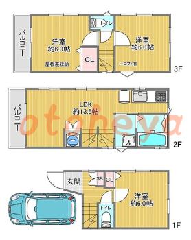 楽器可の賃貸物件 3 LDK 27.9万円の図面１