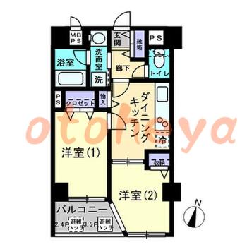 楽器可の賃貸物件 2 DK 14万円の図面１